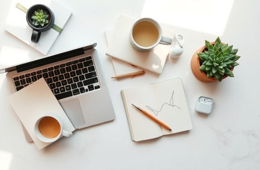 블로그 협찬 - flat lay of laptop, product samples, and notebook on white desk, blog sponsorship concept