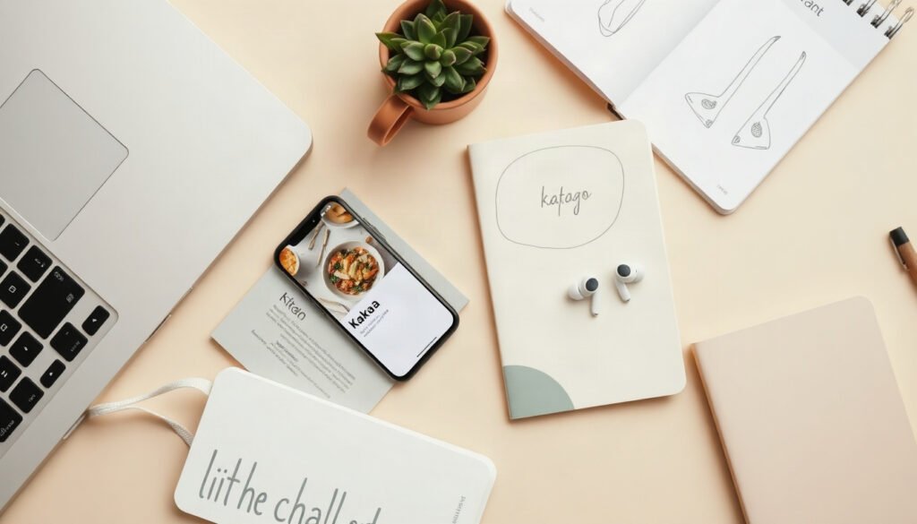 카카오 단골가게 - flat lay of smartphone showing Kakao app and local restaurant branding materials on wooden table, kakao local business support concept