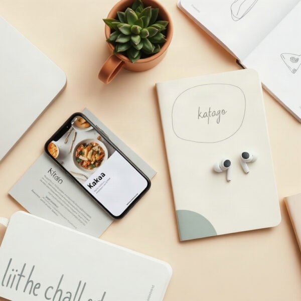 카카오 단골가게 - flat lay of smartphone showing Kakao app and local restaurant branding materials on wooden table, kakao local business support concept
