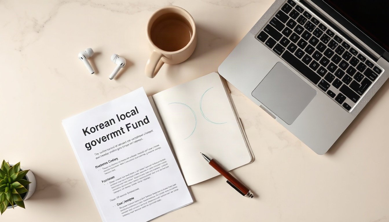 신안군 군민에 - flat lay of Korean local government support fund announcement document and pen on wooden desk, Shinan county welfare benefit concept