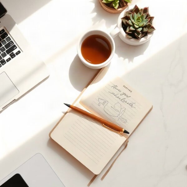 블로그 체험단 - flat lay of laptop, notebook, and product samples on white desk, blog review program concept