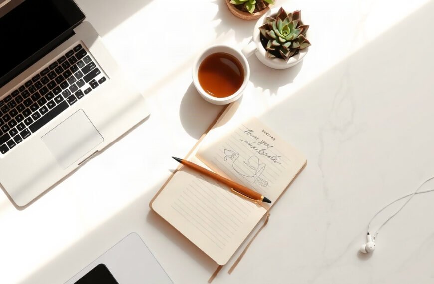 블로그 체험단 - flat lay of laptop, notebook, and product samples on white desk, blog review program concept