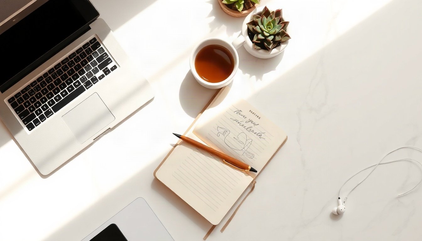 블로그 체험단 - flat lay of laptop, notebook, and product samples on white desk, blog review program concept