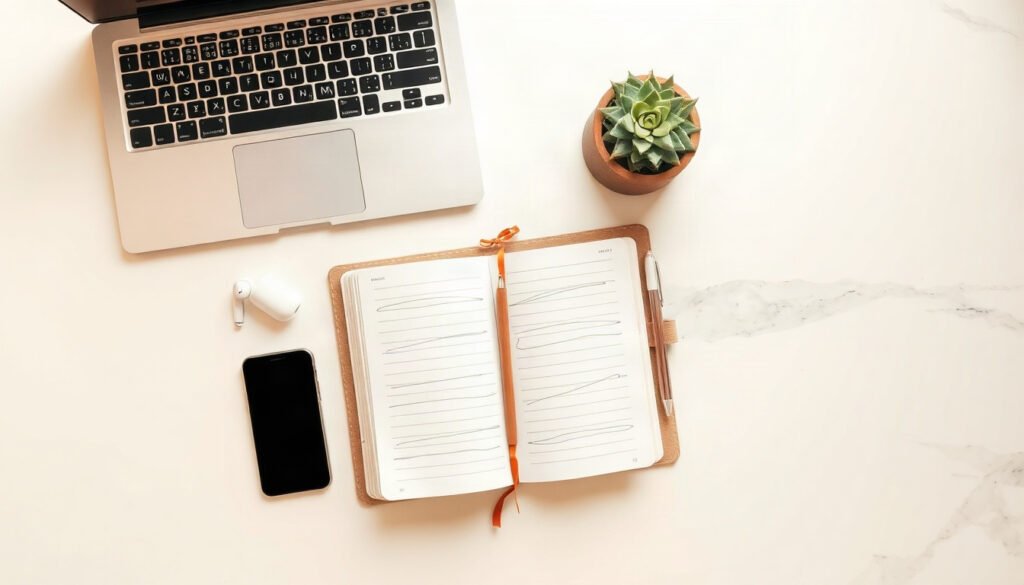 부업 추천 - flat lay of notebook, smartphone, and laptop on white desk, extra income side hustle concept 2026