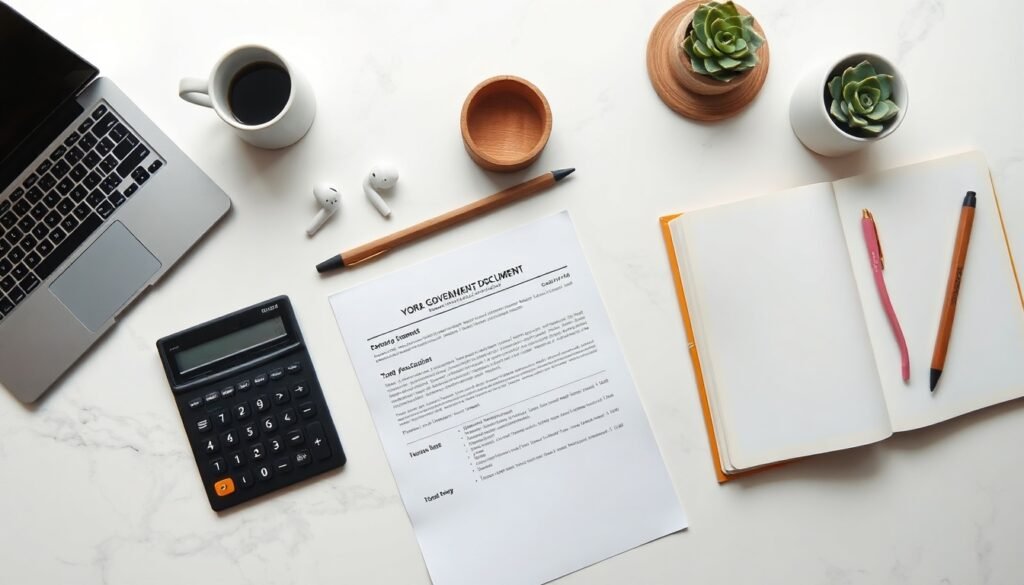 4대보험 - flat lay of Korean government document and calculator on white desk, 4 major insurance support program concept