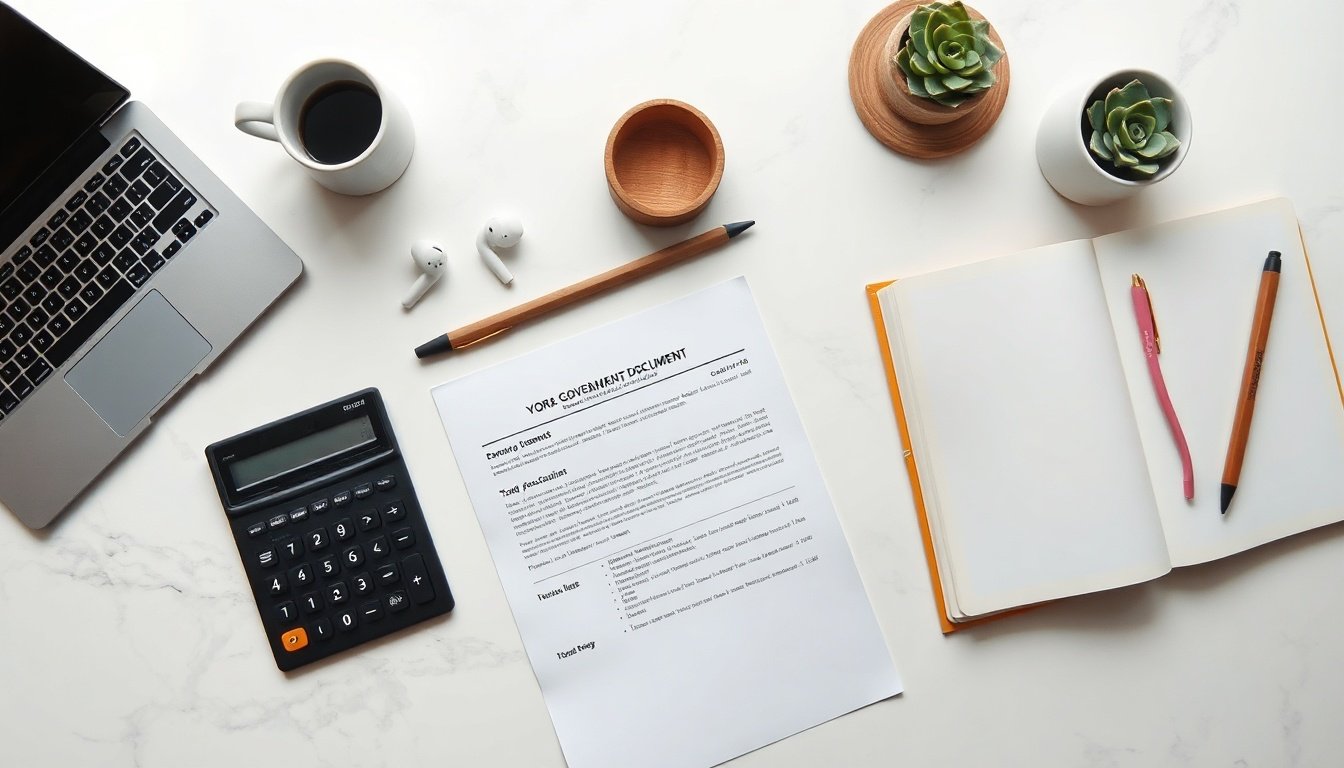 4대보험 - flat lay of Korean government document and calculator on white desk, 4 major insurance support program concept