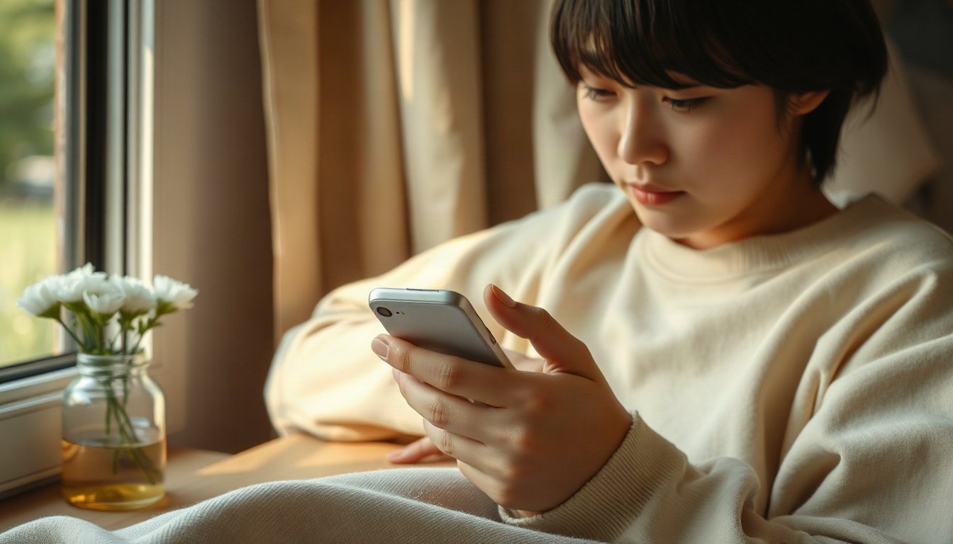 우리 동네 - Korean person upper body shot with face visible, using smartphone to check local government support fund application, natural hands, bright indoor setting