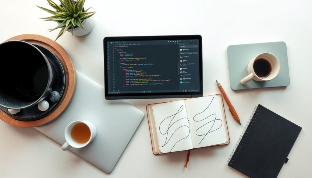 AI 코딩 - flat lay of laptop with code editor and AI chatbot interface on screen, AI coding concept, modern desk setup