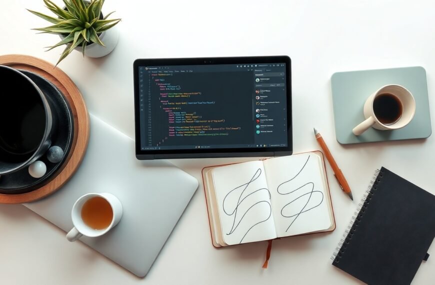 AI 코딩 - flat lay of laptop with code editor and AI chatbot interface on screen, AI coding concept, modern desk setup