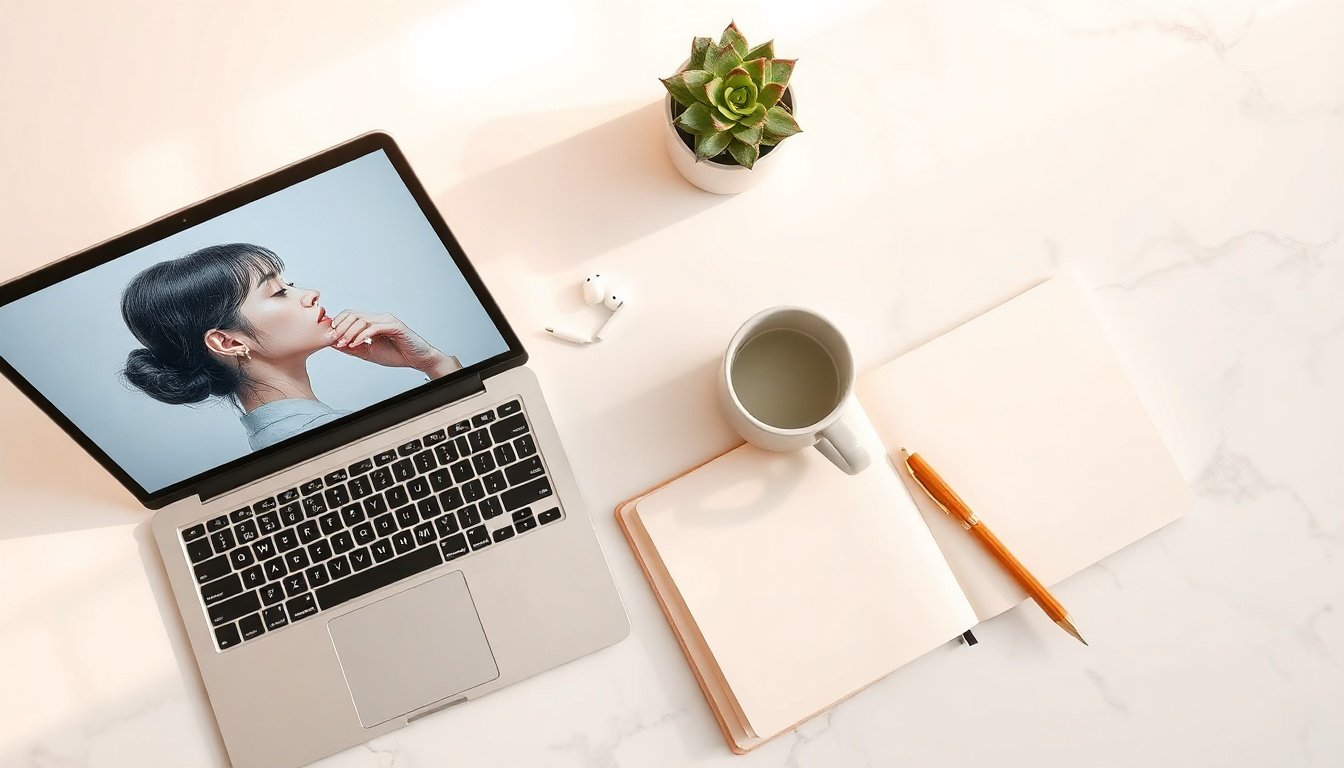 AI 글쓰기 - Korean woman upper body shot with face visible, writing prompts on laptop screen with AI chatbot interface, natural hands, bright home office setting