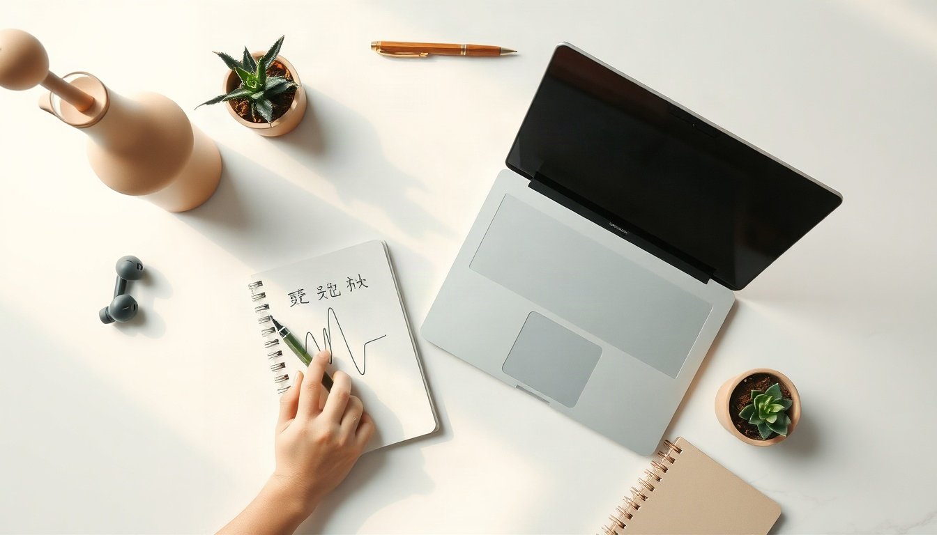 AI 번역 - Korean office worker upper body shot with face visible, using AI translation tool on laptop at desk, natural hands, professional work environment