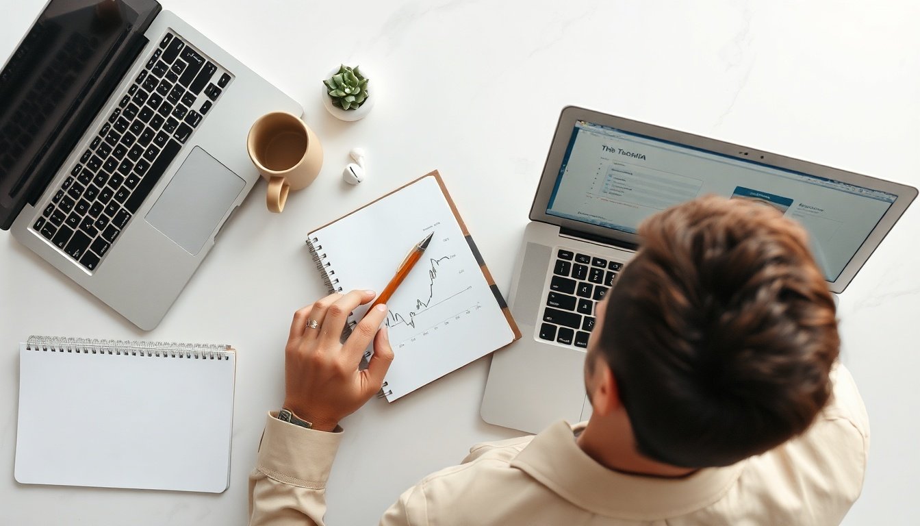 재테크 방법 - Korean man upper body shot with face visible, analyzing investment portfolio on laptop screen with financial charts, natural hands, modern office background