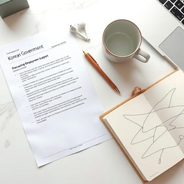 고용지원금 - flat lay of Korean government employment support document and pen on white desk, high resolution