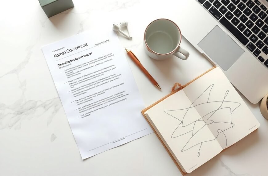 고용지원금 - flat lay of Korean government employment support document and pen on white desk, high resolution