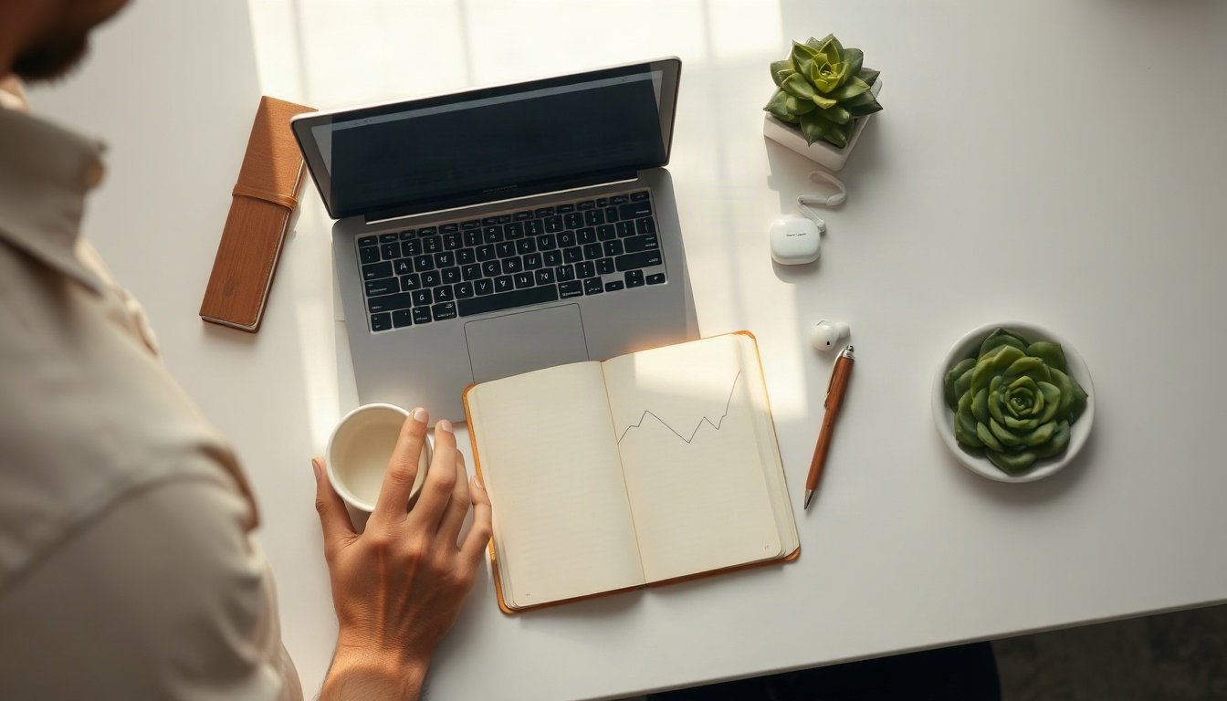 티스토리 블로그 - Korean man upper body shot with face visible, analyzing blog traffic data on laptop screen, natural hands, home office setting