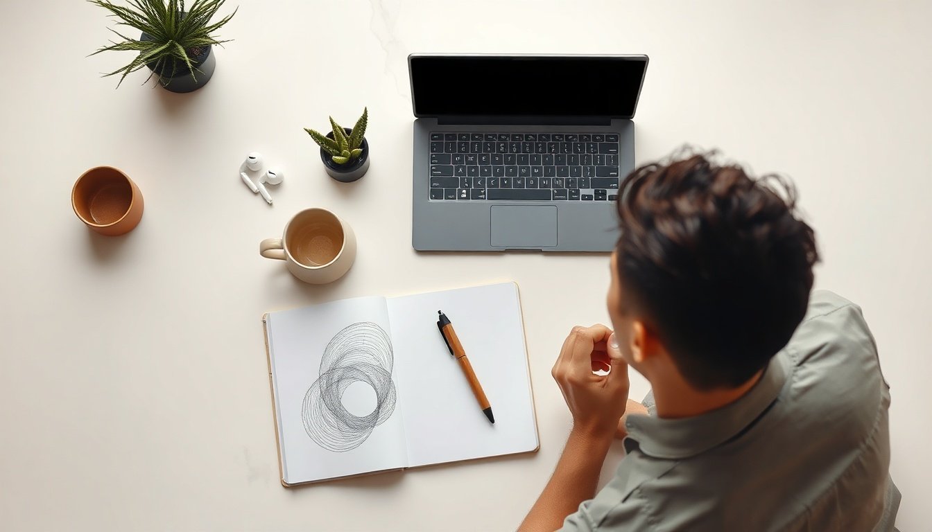 AI 코딩 - Korean man upper body shot with face visible, looking at laptop screen showing code, natural hands, home office setup, AI coding practice