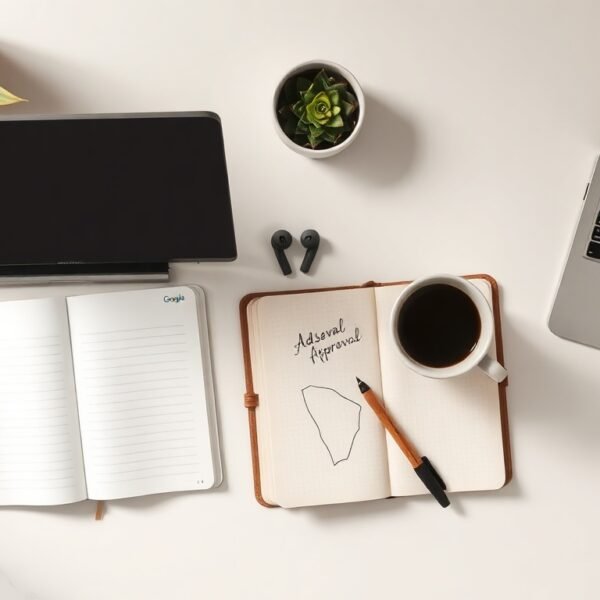 애드센스 승인 - flat lay of laptop showing Google AdSense approval dashboard on white desk, AdSense approval concept