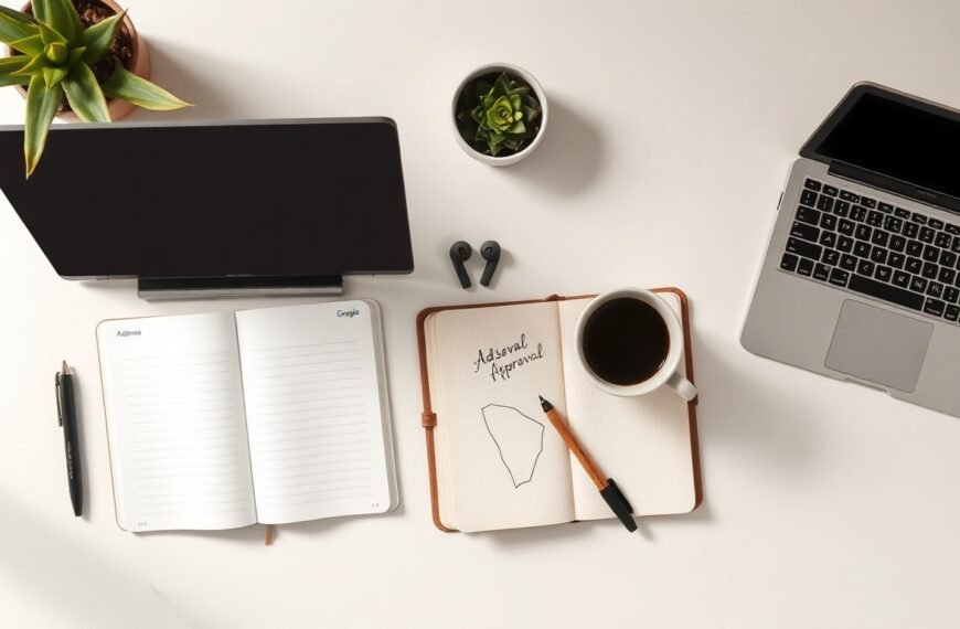 애드센스 승인 - flat lay of laptop showing Google AdSense approval dashboard on white desk, AdSense approval concept
