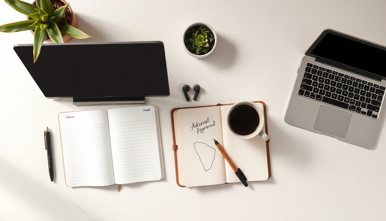 애드센스 승인 - flat lay of laptop showing Google AdSense approval dashboard on white desk, AdSense approval concept
