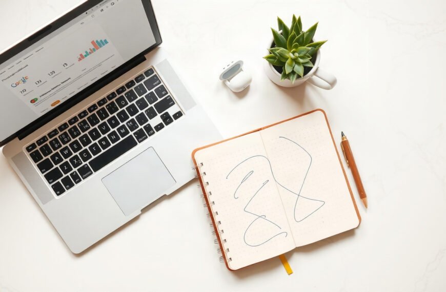 티스토리 블로그 - flat lay of laptop and notebook with Google AdSense dashboard on screen, Tistory blog monetization concept, overhead view