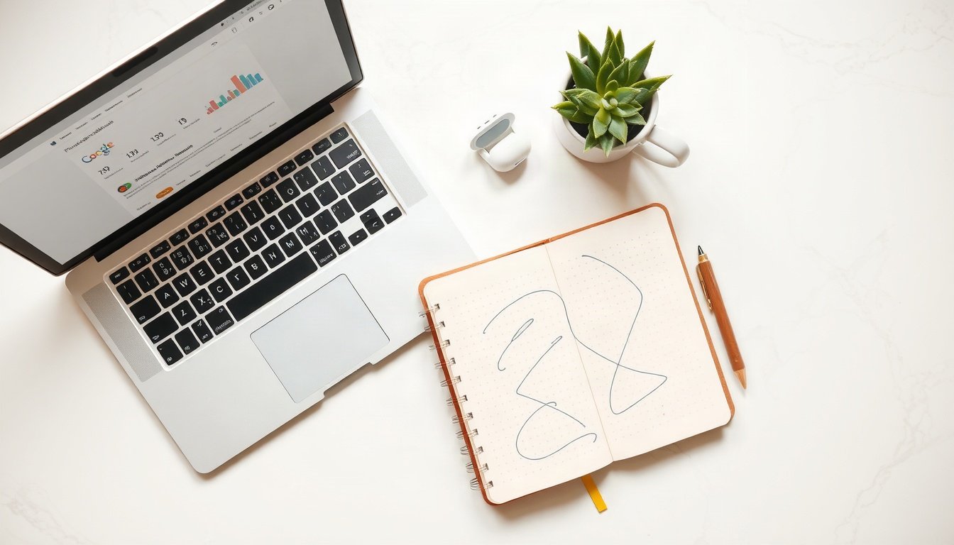티스토리 블로그 - flat lay of laptop and notebook with Google AdSense dashboard on screen, Tistory blog monetization concept, overhead view