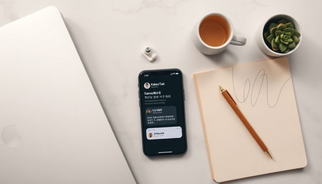 시흥시 청년정책 - flat lay of smartphone showing KakaoTalk chatbot interface for Siheung youth policy information on white desk