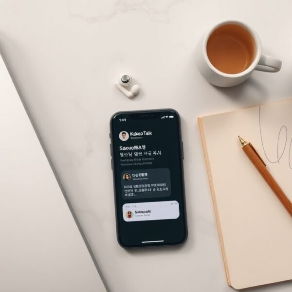 시흥시 청년정책 - flat lay of smartphone showing KakaoTalk chatbot interface for Siheung youth policy information on white desk