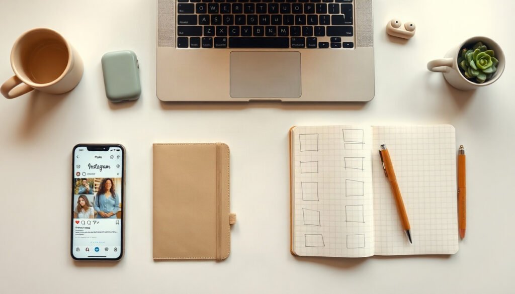 인스타 해시태그 - flat lay of smartphone showing Instagram hashtag search results on white desk, social media strategy concept