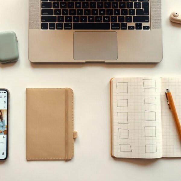 인스타 해시태그 - flat lay of smartphone showing Instagram hashtag search results on white desk, social media strategy concept