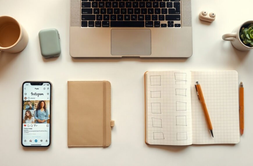 인스타 해시태그 - flat lay of smartphone showing Instagram hashtag search results on white desk, social media strategy concept