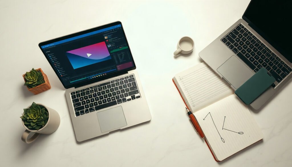 유튜브 편집 - flat lay of laptop with video editing software open, YouTube editing concept, colorful timeline on screen