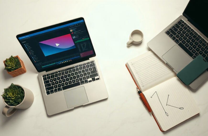 유튜브 편집 - flat lay of laptop with video editing software open, YouTube editing concept, colorful timeline on screen