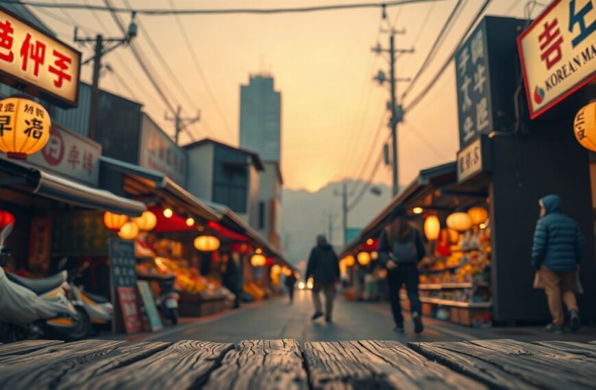 안성 전통시장 - flat lay of traditional Korean market signage and local products on wooden background, Anseong traditional market cultural tourism concept