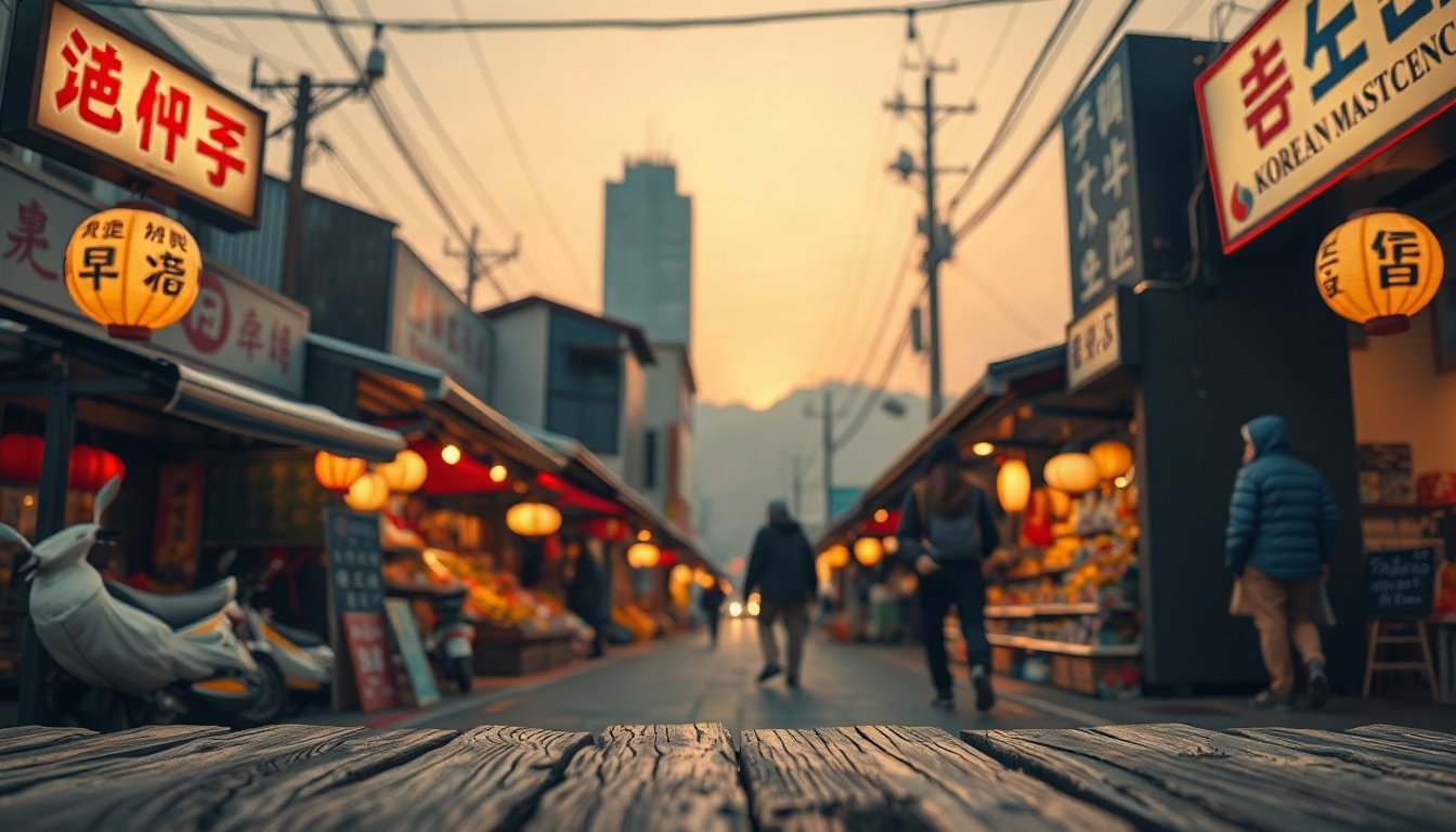안성 전통시장 - flat lay of traditional Korean market signage and local products on wooden background, Anseong traditional market cultural tourism concept