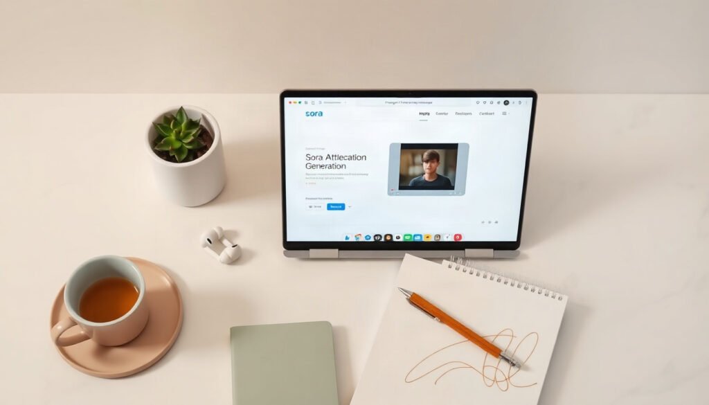 소라 AI - flat lay of laptop screen displaying Sora AI video generation interface with cinematic footage preview on white desk