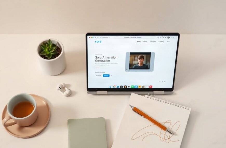 소라 AI - flat lay of laptop screen displaying Sora AI video generation interface with cinematic footage preview on white desk