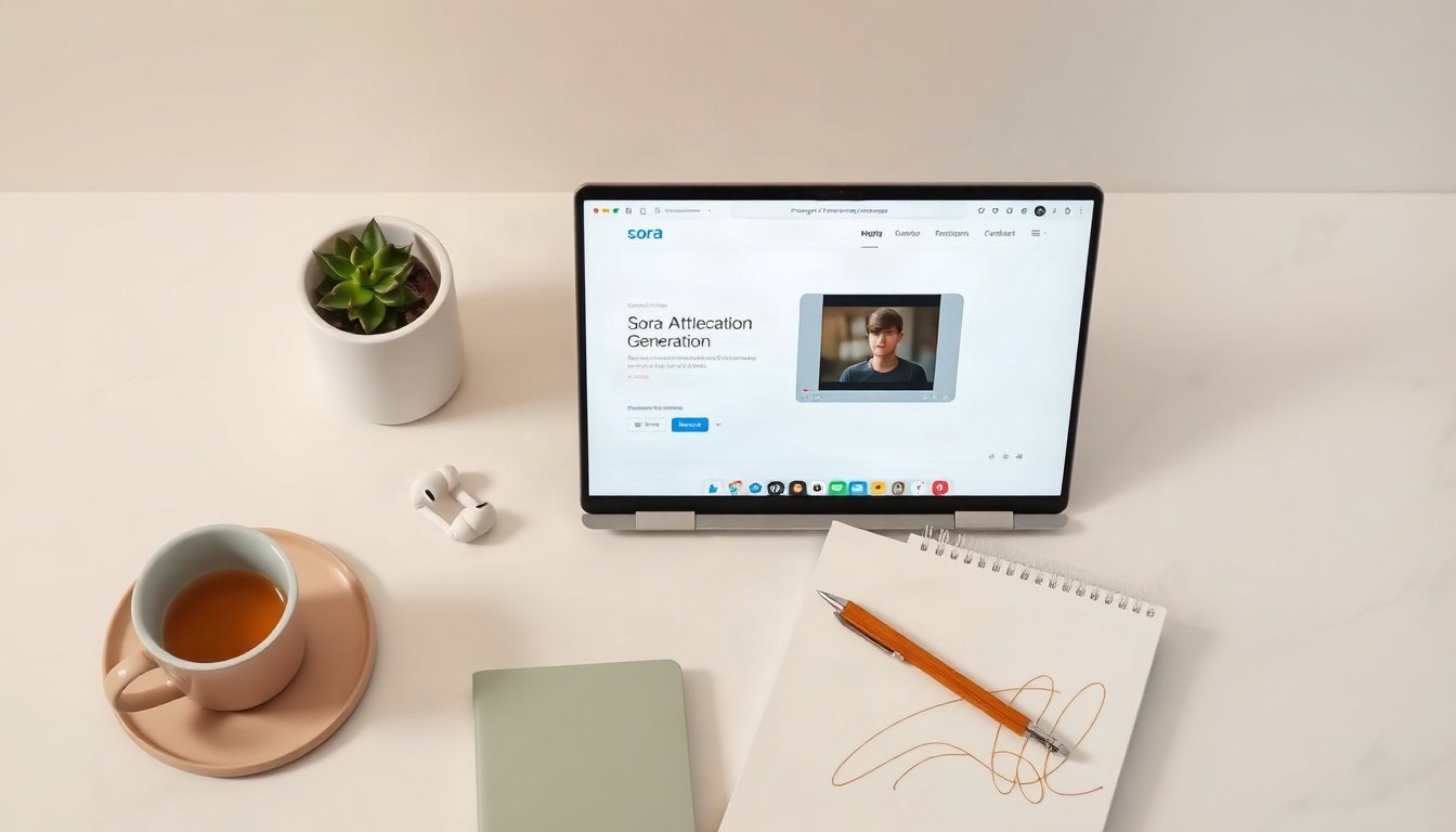 소라 AI - flat lay of laptop screen displaying Sora AI video generation interface with cinematic footage preview on white desk