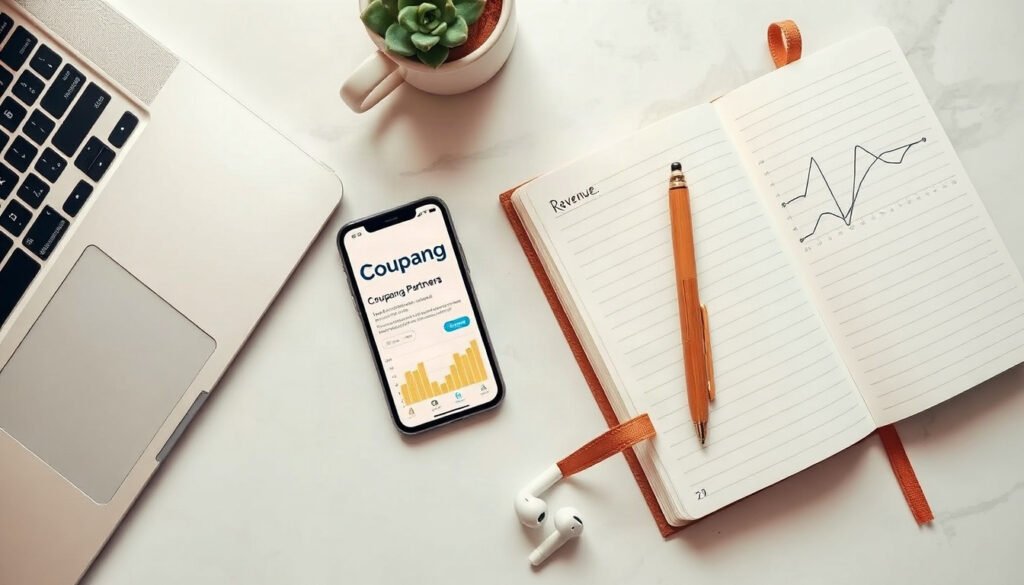 쿠팡파트너스 - flat lay of smartphone showing Coupang Partners app, notebook with revenue chart, and coffee cup on white desk, Coupang affiliate marketing concept