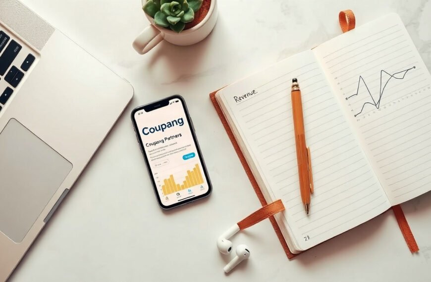 쿠팡파트너스 - flat lay of smartphone showing Coupang Partners app, notebook with revenue chart, and coffee cup on white desk, Coupang affiliate marketing concept