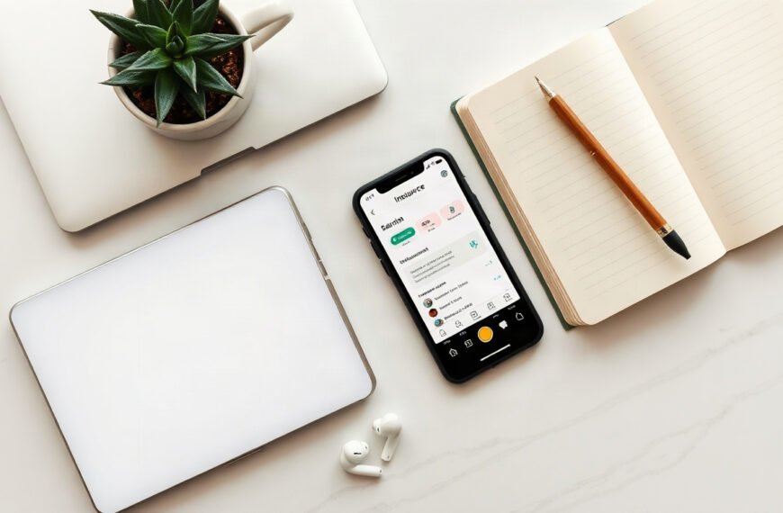 네이버 인플루언서 - flat lay of smartphone showing Naver Influencer dashboard on screen, notebook and pen beside it, top-down overhead view on white desk