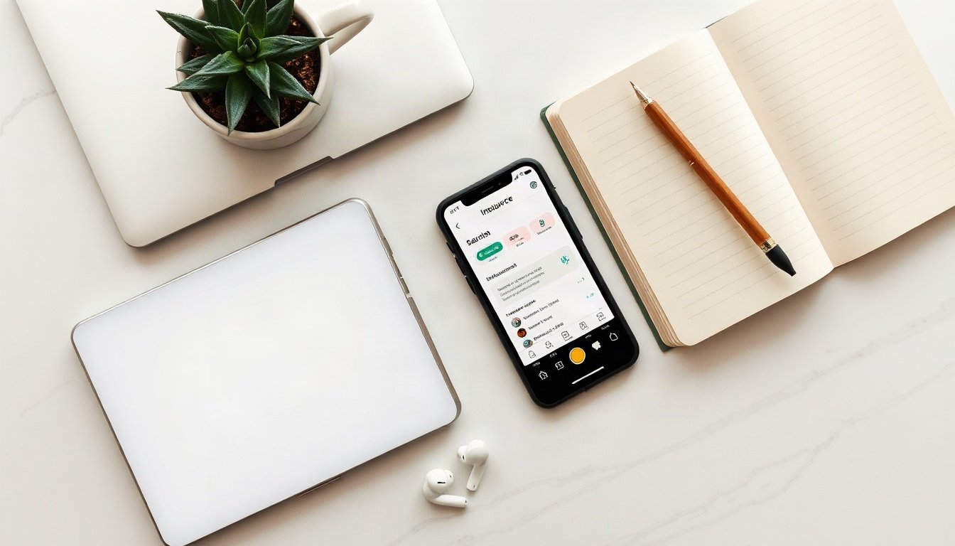 네이버 인플루언서 - flat lay of smartphone showing Naver Influencer dashboard on screen, notebook and pen beside it, top-down overhead view on white desk