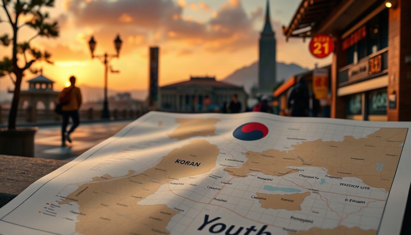 작년에만 순유출 - flat lay of Korean government policy documents and city map showing youth migration statistics, overhead view