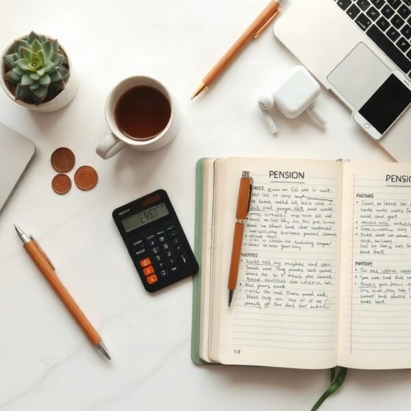 국민연금 - flat lay of pension documents, calculator and coins on white desk, national pension Korea concept