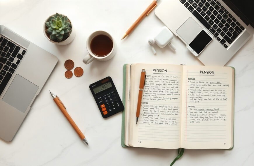 국민연금 - flat lay of pension documents, calculator and coins on white desk, national pension Korea concept