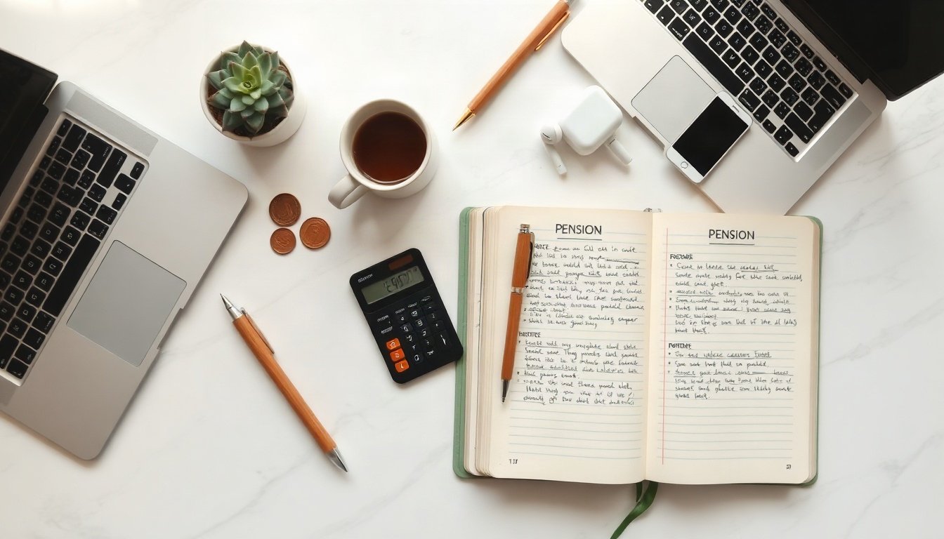 국민연금 - flat lay of pension documents, calculator and coins on white desk, national pension Korea concept