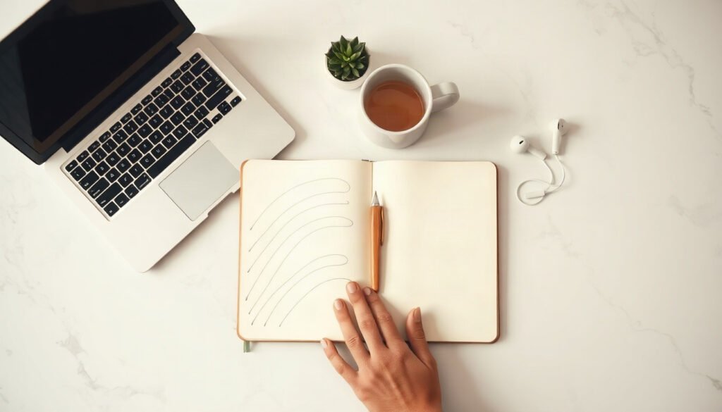 금융 창업부터 - young Korean entrepreneur upper body shot with face visible, smiling at desk with laptop and notebook, financial startup concept, natural hands