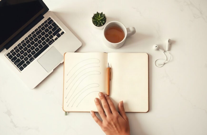 금융 창업부터 - young Korean entrepreneur upper body shot with face visible, smiling at desk with laptop and notebook, financial startup concept, natural hands