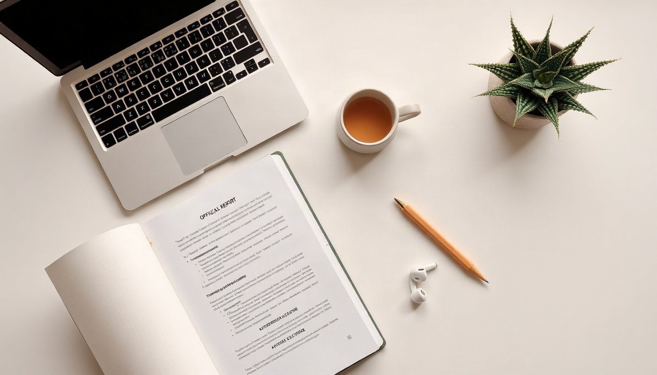 더밸류 브리핑 - flat lay of official government documents and financial report on white desk, public institution support policy briefing concept