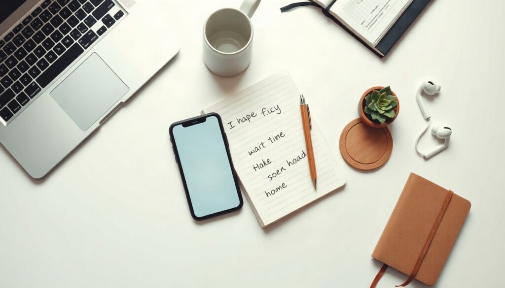 AI 비서 - flat lay of smartphone displaying AI assistant interface on white desk with notebook and pen, modern productivity concept