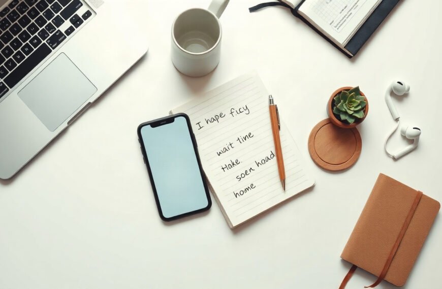 AI 비서 - flat lay of smartphone displaying AI assistant interface on white desk with notebook and pen, modern productivity concept